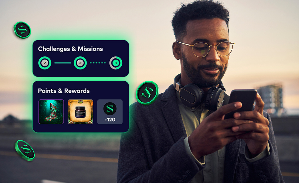 Freedom World UI with NFT badges, rewards shop, and community missions.